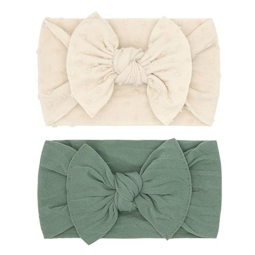 Baby Bling Bows Newborn to Little Girls Hair Bow - Girls Classic Knot Headbands Toddlers Hair Accessories, Made in the USA, One Size (2 Pack - Oat oat dot & Sage)