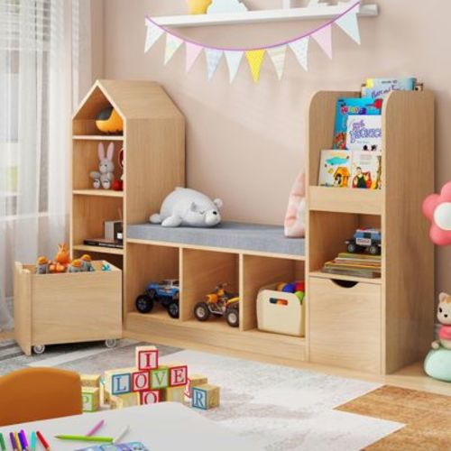 Kids Bookshelf with Seat Cushion & Movable Drawers, Multi-Purpose Toy Storage Bookcase