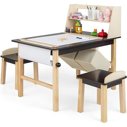 Costzon Kids Art Table and Chair Set, Wooden Activity Table and 2 Stools w/a Paper Roll, 2 Markers, 2 Storage Bins for 3+ Years Old Boys Girls Drawing Painting Craft, Toddler Table and Chairs (Brown)