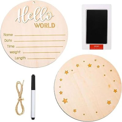 Baby Announcement Sign, 5.9 Inch Wooden Hello World Newborn Signs with Ink Pad for Baby Hand and Footprints, Birth Announcement Sign (White)