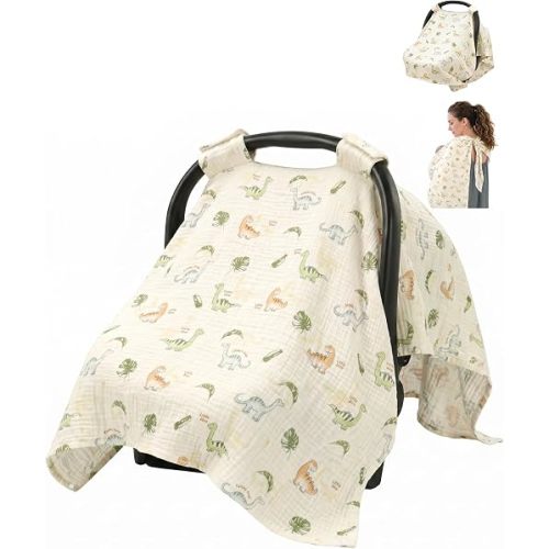 Metplus 100% Muslin Car Seat Cover Baby & Nursing Cover, Soft Breathable Infant Carseat Canopy for Summer, Stroller & Carrier Sunshade for Boys Girls (Cute Dinosaur)