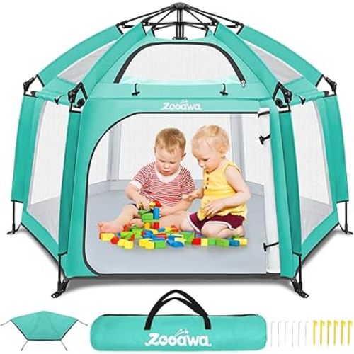 Zooawa Pop Up Playpen for Baby, Portable Play Yard for Babies and Toddlers with Removable Sun-Shades& 2 Side UV Covers, Lightweight Outdoor Baby Playpen with Travel Bag,Beach,Home, Mint Green