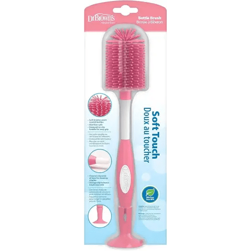 Dr. Brown's Soft Touch No Scratch Baby Bottle Cleaning Brush Nipple Cleaner with Stand and Storage Clip, BPA Free, Pink 1-Pack