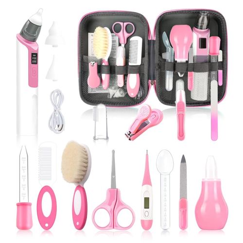 Baby Grooming Kit, Infant Safety Care Set with Baby Nose Aspirator,Baby Hair Brush Comb Nail Clipper Nasal Aspirator,Baby Essentials Kit for Newborn Girls Boys (17 Pc Pink Kit)