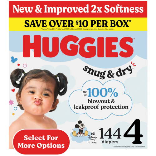 Huggies Snug & Dry Baby Diapers, Size 4 (22-37 lbs), 144 Ct (Select for More)
