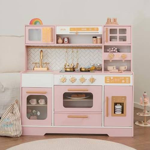 Wooden Play Kitchen for Kids, Pretend Play Toy Kitchen Set (Ages 3+) Pink | Real Lights and Sounds, Clicking Knobs, Open Shelves and 15 Accessories Bring Cooking, Serving and Cafe Role-Play to Life
