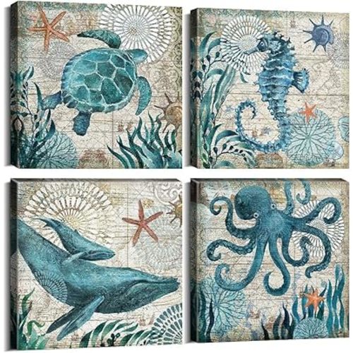 Coastal Beach Wall Art for Living Room Sea Turtle Pictures Bathroom Wall Decor Teal Blue Nautical Themed Seahorse Canvas Painting Ocean Animal Whale Posters Bedroom Kitche Home Decoration 8x8" 4