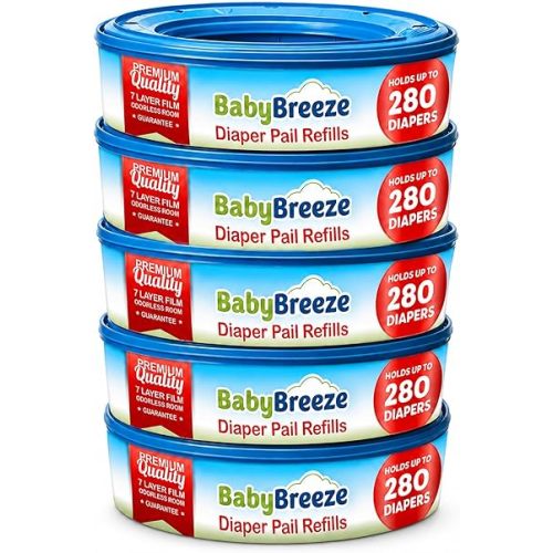 BabyBreeze Diaper Pail Refill Bags Compatible with Playtex Diaper Genie Pails Odor Absorbing Diaper Disposal Trash Bags - 1400 Count (5-Pack)
