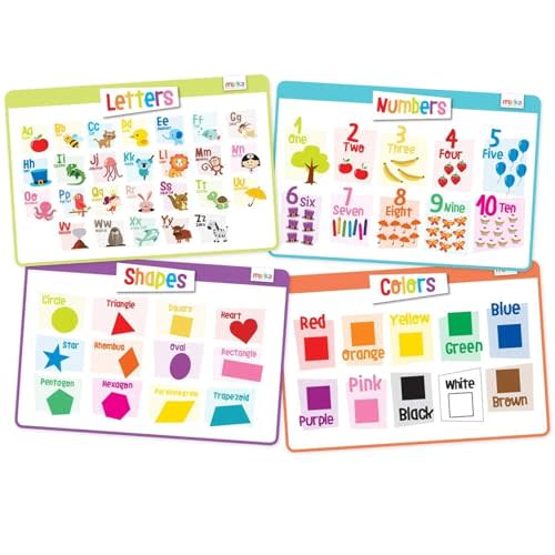 merka Kids Placemat for Dining Table, 4 Pack Educational Silicone Placemat for Toddlers, Reusable, Washable Mat with Non-Slip Back for Learning Letters, Numbers, Shapes, Colors, 17 x 11 in