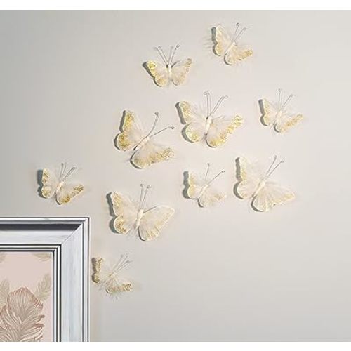 Butterfly Wall Decorations Premium Quality Real Feather 3D Wall Decals Girls Bedroom | Stunning Gold Glitter Decor Stickers All Rooms & Nursery Sets | 10 Adhesive Pieces