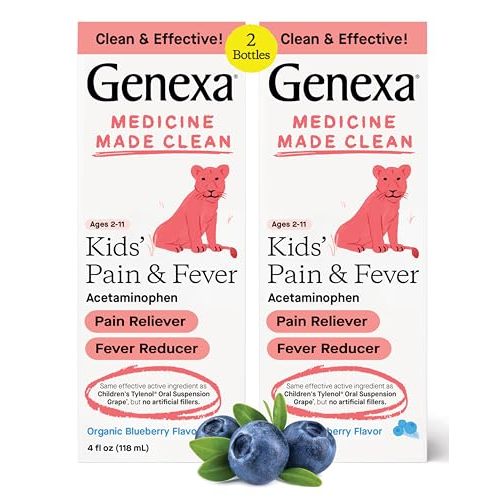 Genexa Kids’ Pain and Fever Reducer | Childrens Acetaminophen, Dye Free, Liquid Oral Suspension Medicine for Kids 2-11 | Delicious Organic Blueberry Flavor | 160 mg per 5mL | 8 Fluid Ounces (2 Pack)