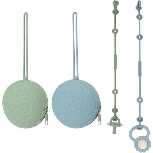 2 Pack Silicone Pacifier Holder Case & Toy Safety Straps, BPA-Free Silicone Newborn Pacifier Pouchs for Baby Boys & Girls, Portable Silicone Pacifier Container Case (Sage/Ether)