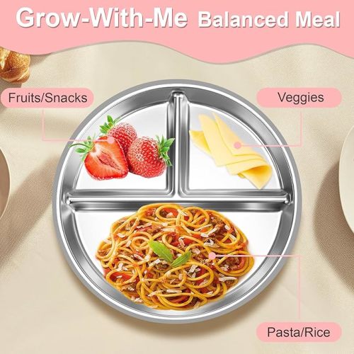 Bella's Friends Stainless Steel Kids Plates Suction Plate for Baby,3 Packs Non-Toxic Divided Toddler Plates,Food-Grade Silicone Plate for Baby,Dishwasher Safe,Grey White Green