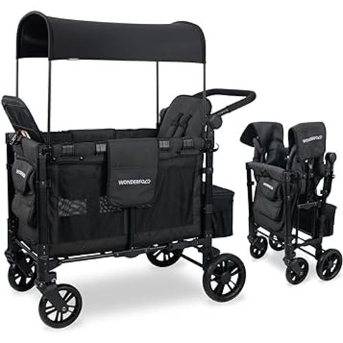 WONDERFOLD W2 Elite Stroller Wagon (2 Seater) - Collapsible Wagon Stroller with Seats with 5-Point Harnesses, Adjustable Push Handle, and Adjustable Sun Canopy, Elite Black