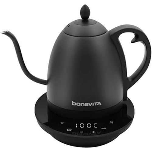 Bonavita Cosmopolitan 1.0L Gooseneck Electric Kettle, Stainless Steel Water Boiler for Coffee Brew and Tea Precise Pour Control, 6 Preset Temps, Glass Touch Panel, 1200W Fast Boil, Matte Black