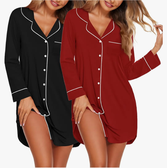 Ekouaer 2 Pack Nightgowns for Women Long Sleeve Button Down Sleep Shirt