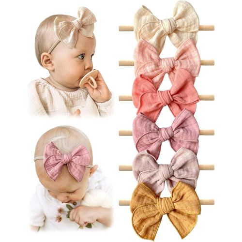 Cherssy Baby Girl Muslin Headbands, 3.5" Cotton Hair Bows Nylon Hairbands for Newborns, Infants, Toddlers - 6pcs