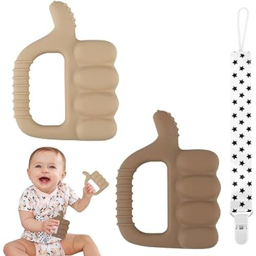 Fu Store Textured Thumb Up Silicone Teether 2 Pack-Sensory Exploration and Teething Relief with Easy to Hold Handle, Cute Infant Shower Gift Chew Toy for Babies (Brown & Chocolate)