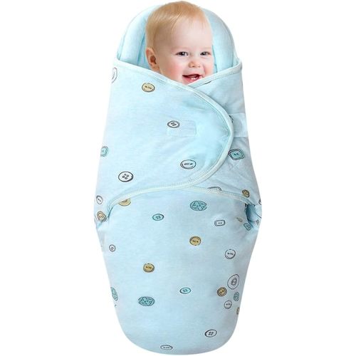 Baby Swaddle Blankets, Unisex Baby Blanket Wrap for Newborn Baby Boys Girls, Skin Friendly Wearable Swaddle Sleep Sack Made of Combed Cotton (Button, Blue, 3-6 Months)