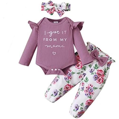 DISAUR Baby Girls Clothes Newborn Infant Baby Girls Outfit Long Sleeve Ruffle Romper Floral Pants Headband Sets 0-18 Months