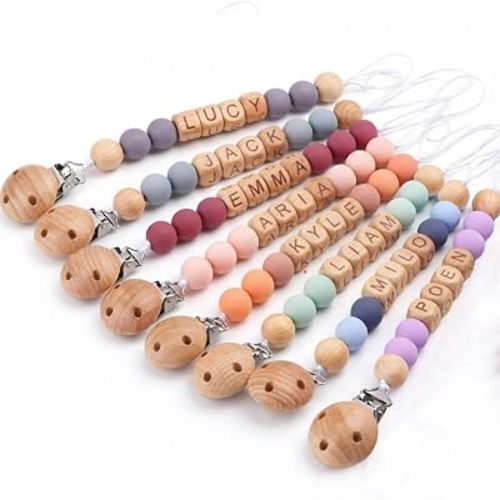 Personalized Baby Pacifier Clip with Name - Custom Wooden Letter & Silicone Beads Chain Holder for Boys Girls Newborn Gift
