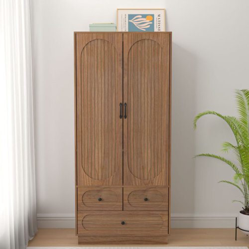 Millwood Pines Armoire Wardrobe Closet, Wardrobe Armoire With 3 Drawers And 2 Fluted Doors, Wardrobe Cabinet With Shelves And Hanging Rod, Freestanding Armoire Cabinet & Reviews | Wayfair