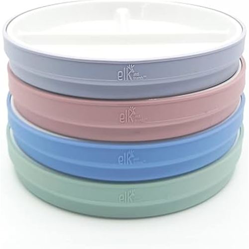 Elk and Friends Kids 6.7” Porcelain White Plates with Silicone Sleeves | Divided Plates | Suitable for Kids/Toddlers | Microwave & Dishwasher Safe | Non Slip | Snack Dishes…