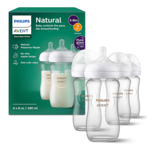 Philips Avent Natural Glass Baby Bottles with Natural Response Nipples (Medium Flow, Flow 3), 8oz, 4-Pack, SCY913/04