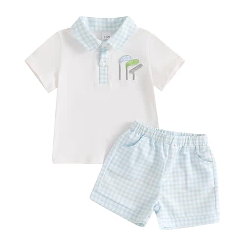 Bonangber Toddler Baby Boy Summer Clothes Golf Embroidery Short Sleeve Collared Polo T Shirt Plaid Shorts Set Cute Outfits