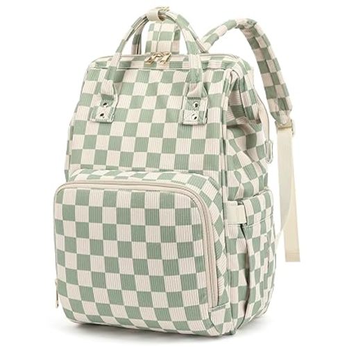 Dezcrab Baby Diaper Bag Backpack for Mom, Large Capacity Travel Nappy Bag for Boys & Girls with Stroller Straps (Corduroy Checkered Green)