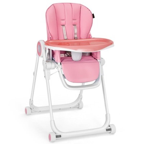 Infans Baby High Chair Foldable Feeding Chair w/ 4 Lockable Wheels Pink