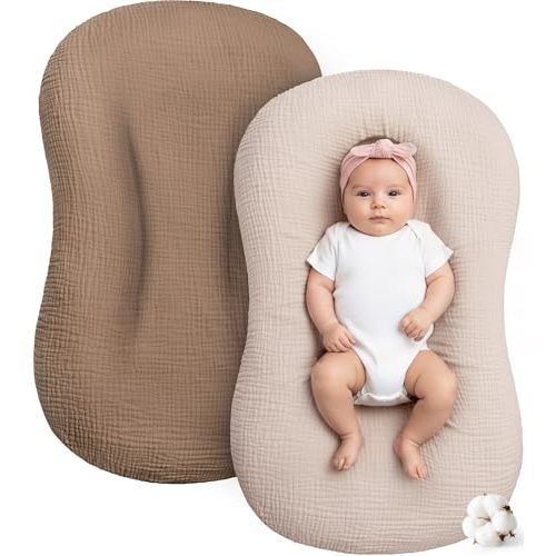 Muslin Baby Lounger Cover 2 Pack, Cotton Soft Breathable Infant Nest Slipcovers, Envelope Closure, Compatible with Snuggle Me Loungers, Machine Washable, Cover Only, for Boys Girls(Brown & Beige)