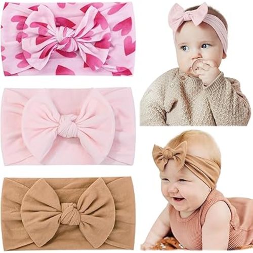 jollybows 3PCS Baby Nylon Headbands Hairbands Hair Bow Elastics for Baby Girls Newborn Infant Toddlers Kids - Baby Pink Ginger Heart Print