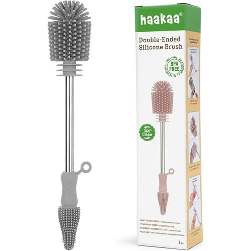Haakaa Silicone Cleaning Brush for Baby Bottles and Crevices, Double-Ended Bottle Brush for Breast Pumps, Milk Collectors, Nipples and Breastmilk Storage Bags, Food-Grade Silicone, SUVA Grey,1 Pack