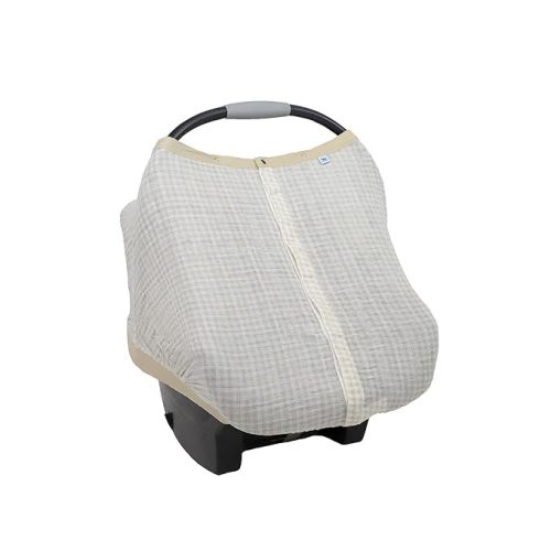 Little Unicorn 100% Cotton Muslin Car Seat Canopy | Super Soft Lightweight Cover with Window | Breathable | Magnetic Closure | Baby and Infant | Machine Washable | Shower Gift (Tan Gingham)
