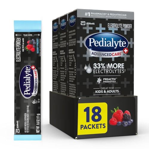 Pedialyte AdvancedCare Plus Electrolyte Powder, Has 33% More Electrolytes and PreActiv Prebiotics, Berry Frost, 18 Powder Packets