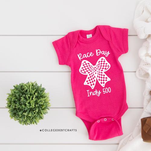 Indy 500 Checkered Bow Shirt | Baby Announcement Onesie | IndyCar | Unisex Fit | Indy 500 | Track | Pit Lane | Indianapolis | Race Day
