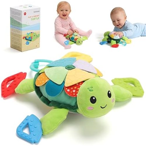 Turtle Baby Sensory Toy, 6 in 1 Montessori Tummy Time Toys Baby Texture Toys, Flip Scales & Multi-Textured Belly & Rattle Squeaker Teethers, Early Educational Toys for 0-3 Years Newborn to Toddler