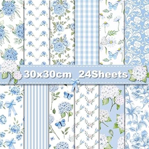 24 Sheet Light Blue Hydrangea Pattern Paper 11.8 x 11.8 Inch Floral Scrapbook Specialty Supplies Paper Double Sided Decorative Craft Paper For DIY Background Card Making Junk Journal Photo Album Decor