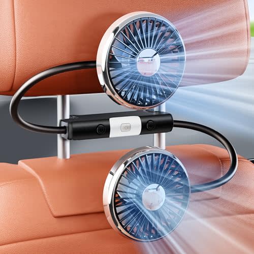 HIYJEN Dual Head Gooseneck Car Cooling Fan for Back Seat Kids, Usb Powered 3 Speeds Car Seat Headrest Fan for Baby Rear Facing, Summer Car Accessories Cooler That Blow Cold Air for Sedan Suv Rv Truck