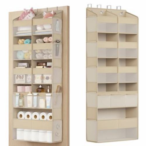 SONGMICS Over-the-Door Organizer, 9-Compartment Door Hanging Storage Shelf, Foldable Closet Hanging Organizer, Metal Hooks, Transparent, Summer Sand