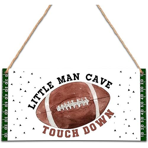 Little Man Cave, Football Wood Sign Door Hanging Decor, Boys Decorations for Bedroom Nursery Playroom Wall Art (5"x10") -A03
