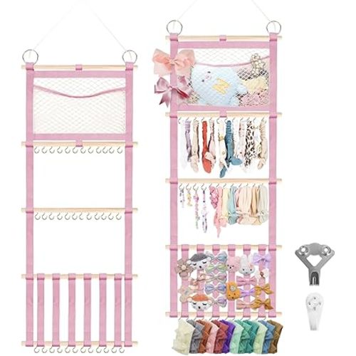 Munzong Headband Holder 52x17 inch, Pink Hair Bow Clip Organizer for Baby Girls, 4 Tier Wall Hanging Headband Shelf w/Mesh Bag, Large Nursery Hair Accessories Storage Hanger for Toddler Women