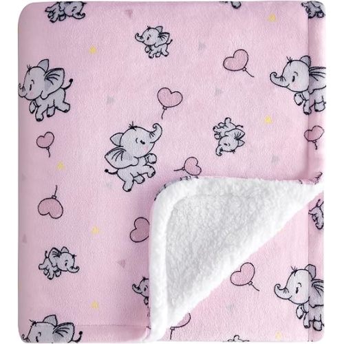 DaysU Plush Flannel Sherpa Baby Blanket for Girls Boys, Portable Reversible Soft Micro Fleece Baby Crib Throw Blanket with Animal Print for Newborn and Nursery, Elephant, 30"x40"