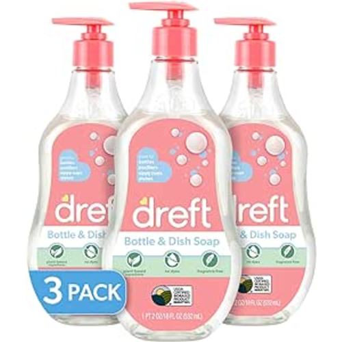 DREFT Bottle and Dish Soap | Made to Clean Baby Bottles, Sippy Cups, Pacifiers, Breast Pumps, & More | Gently Removes Milk Film & Odors | Plant Based, Fragrance Free Dish Soap | 18 Fl Oz (Pack of 3) - Bottle Soap Pack of 3
