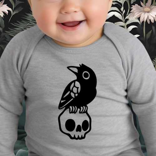 Nevermore Raven On Skull Bodysuit, Goth Baby Shower Gift, Spooky Baby, Emo Baby, Goth Baby Stuff, Unique Baby Gift, Gothic, Witchy Baby