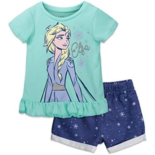 Disney Frozen Moana Princess Tiana Floral Peplum T-Shirt and French Terry Shorts Outfit Set Toddler to Big Kid