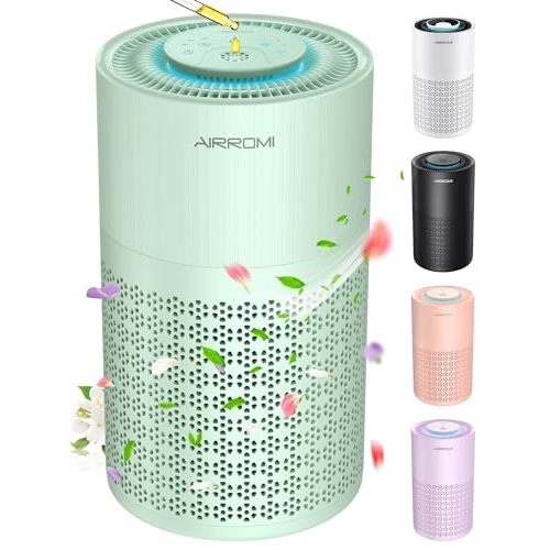 AIRROMI Air Purifier for Bedroom with HEPA 3-in-1 Filter, Pet Air Purifier for Home Cat Pee Smell, Covers Upto 990 Ft², Quiet 360°intake Air Cleaner for pet hair,allergies,Dust,Smoke A2001 Green