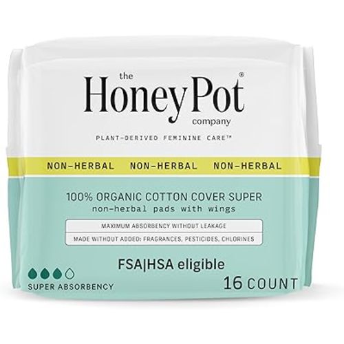 The Honey Pot Company - Sanitary Pads for Women - Non-Herbal Super w/Wings - Organic - Cotton Cover & Ultra-Absorbent Pulp Core - Feminine Care - FSA & HSA Eligible - 16 ct