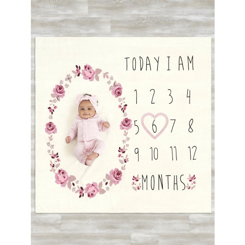 Modern Moments by Gerber Baby Girl Milestone Blanket & Frame Set, 2-Piece, Pink Roses